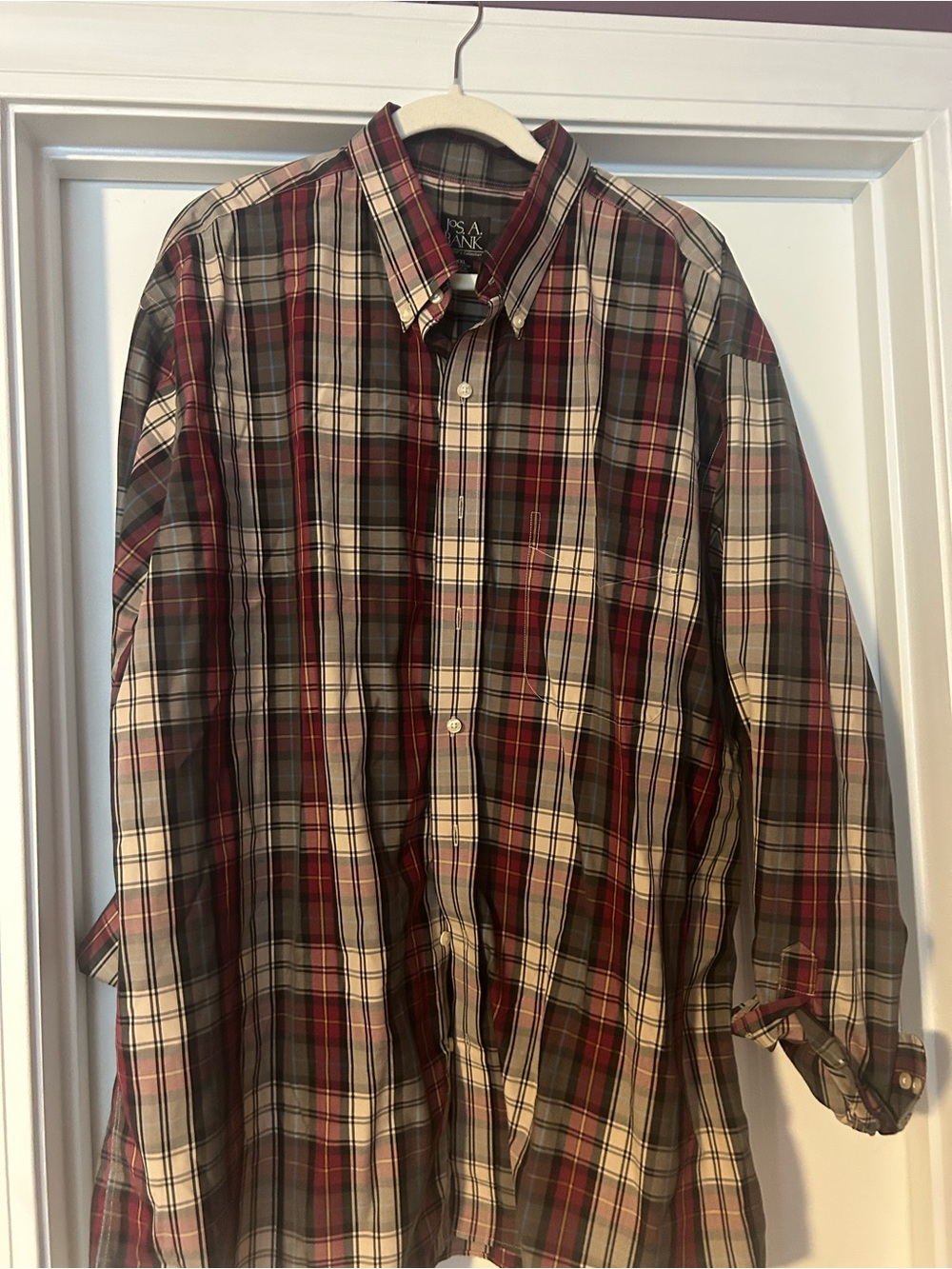 Jos. A. Bank Men’s Red and Cream Plaid Button-Down Shirt